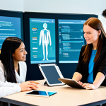 A diverse group of university students, fully clothed in professional and modest attire, engaged in a collaborative digital learning session. They are seated around a modern, interactive table in a bright, futuristic university classroom with large touch screens displaying educational content. One student is using a tablet, another is interacting with the main screen, and a female teacher, also fully clothed in professional dress, stands nearby, observing and offering guidance. The atmosphere is focused and innovative. High-resolution, professional photography, perfect anatomy, correct proportions, natural pose, well-formed hands, proper finger count, natural body proportions, vibrant lighting, safe for work, appropriate content, fully clothed, family-friendly.