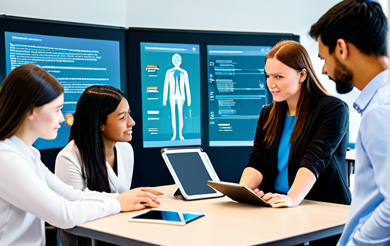 A diverse group of university students, fully clothed in professional and modest attire, engaged in a collaborative digital learning session. They are seated around a modern, interactive table in a bright, futuristic university classroom with large touch screens displaying educational content. One student is using a tablet, another is interacting with the main screen, and a female teacher, also fully clothed in professional dress, stands nearby, observing and offering guidance. The atmosphere is focused and innovative. High-resolution, professional photography, perfect anatomy, correct proportions, natural pose, well-formed hands, proper finger count, natural body proportions, vibrant lighting, safe for work, appropriate content, fully clothed, family-friendly.