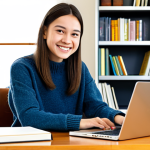 **

"A young woman, a student, fully clothed in appropriate casual attire like jeans and a sweater, sitting at a desk in a well-lit home study environment, laptop open, books stacked neatly beside her. She is smiling slightly, focused on her studies. Safe for work, appropriate content, professional image, perfect anatomy, correct proportions, natural pose, well-formed hands, proper finger count, family-friendly, high resolution."

**