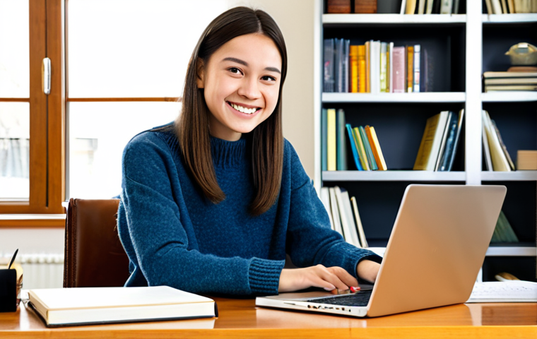 **
"A young woman, a student, fully clothed in appropriate casual attire like jeans and a sweater, sitting at a desk in a well-lit home study environment, laptop open, books stacked neatly beside her. She is smiling slightly, focused on her studies. Safe for work, appropriate content, professional image, perfect anatomy, correct proportions, natural pose, well-formed hands, proper finger count, family-friendly, high resolution."
**