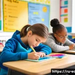 Home 22 중등교육 교수법 - A modern middle school classroom scene showing diverse students engaged in individualized learning a...