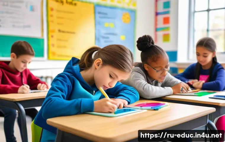 중등교육 교수법 - A modern middle school classroom scene showing diverse students engaged in individualized learning a...