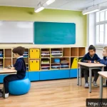 Home 21 포괄적 교육 디자인 - A diverse inclusive classroom scene in a modern Russian school setting, featuring students of variou...