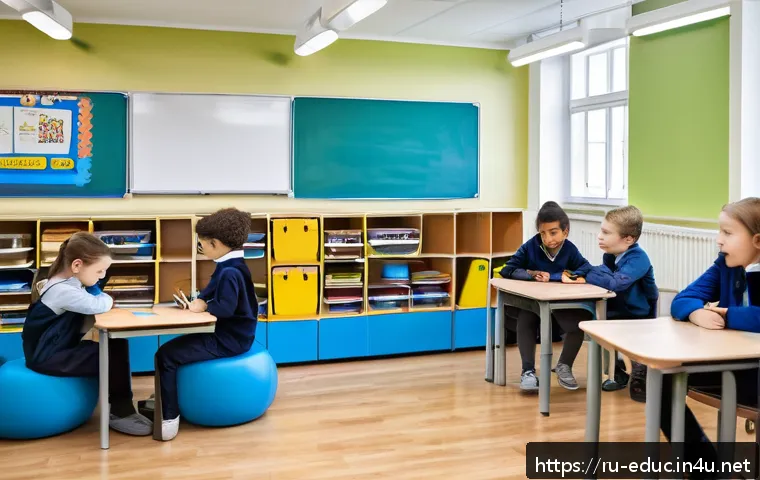 포괄적 교육 디자인 - A diverse inclusive classroom scene in a modern Russian school setting, featuring students of variou...