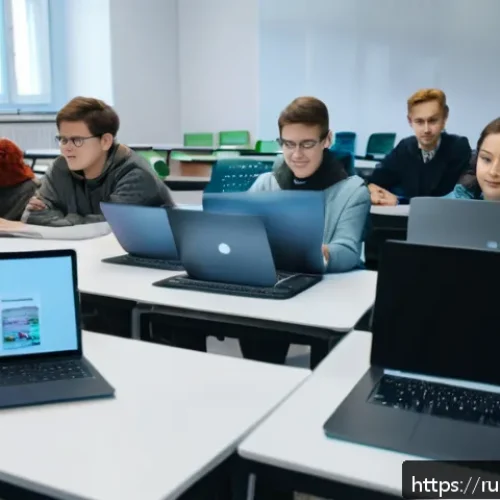 Home 32 사회과 교수 전략 - A modern digital classroom setting in Russia, featuring a diverse group of university students engag...