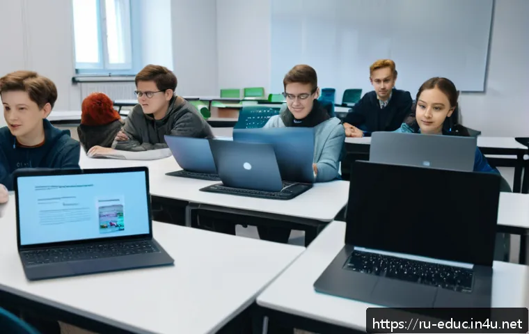 사회과 교수 전략 - A modern digital classroom setting in Russia, featuring a diverse group of university students engag...
