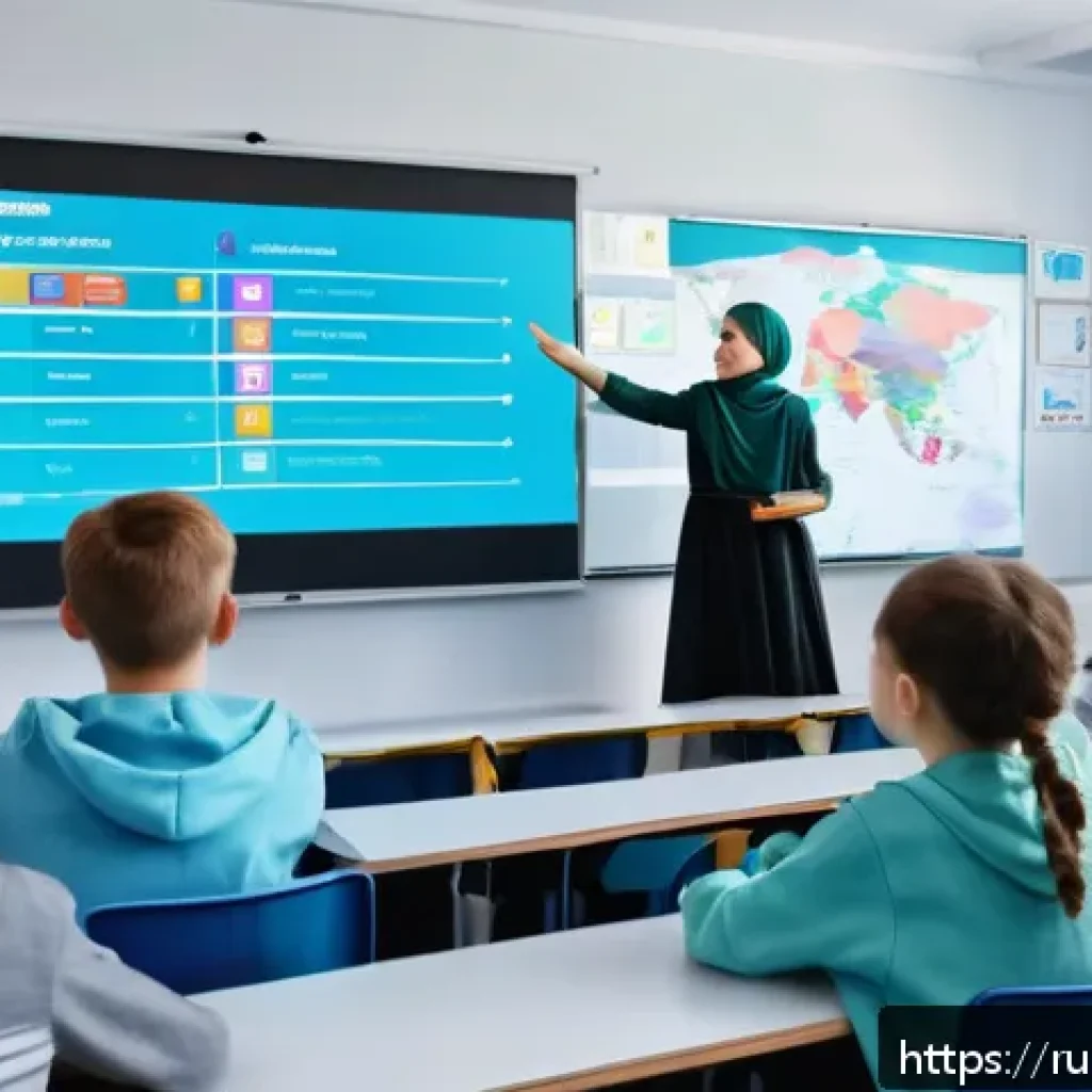 디지털 네이티브 세대 교육 - A modern classroom scene in Russia featuring students aged around 14-16 actively engaged with an int...