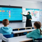 Home 19 디지털 네이티브 세대 교육 - A modern classroom scene in Russia featuring students aged around 14-16 actively engaged with an int...