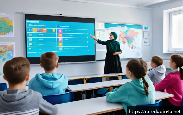 디지털 네이티브 세대 교육 - A modern classroom scene in Russia featuring students aged around 14-16 actively engaged with an int...