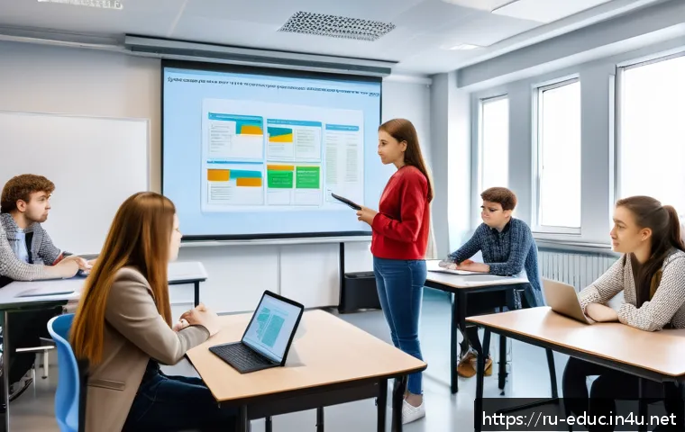 문제 기반 학습법 - A modern classroom scene in a Russian university setting, featuring young adult students actively en...