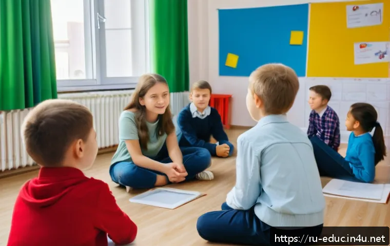 사회 정서 학습 SEL - A warm and inviting classroom scene in a modern Russian school, where a diverse group of children ag...