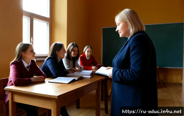 학교 경영과 리더십 - Photorealistic Russian secondary school leadership meeting, confident female principal in her fiftie...