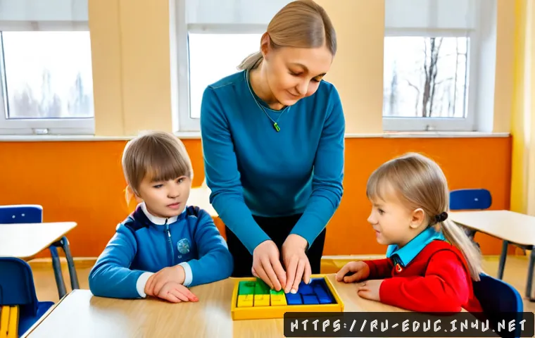 Home 15 특수교육 개론 - Photorealistic inclusive primary school classroom in Russia, a compassionate special education teach...
